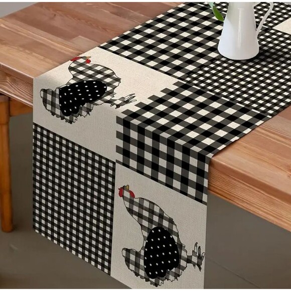 Chicken Table Runner 13x108in Polyester Black and Off White Check NEW - Picture 3 of 3